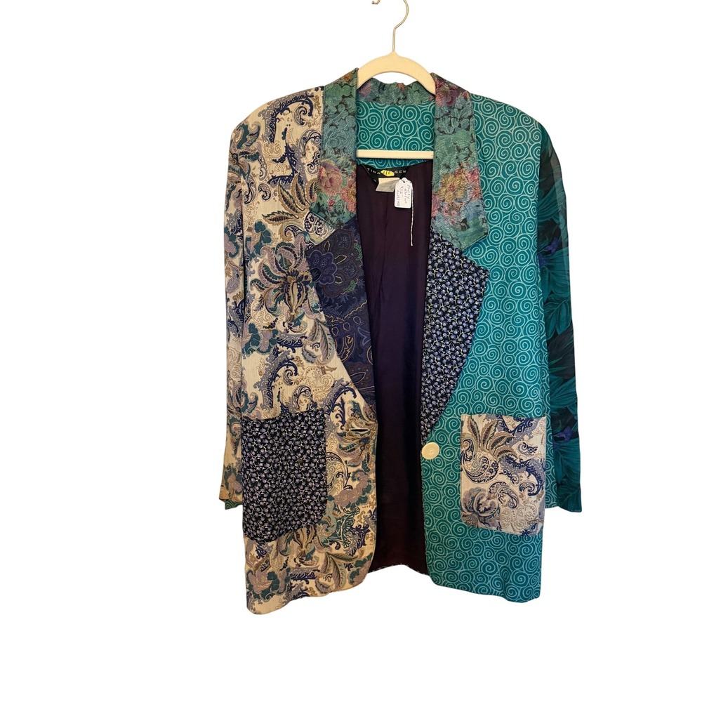 Tina Hagen Vintage Patchwork Blazer Teal Purple Paisley Floral Print Rayon Small